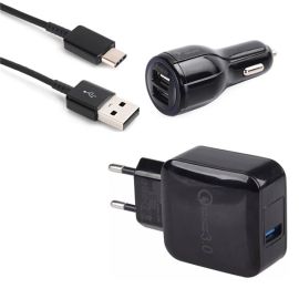 QC3.0 USB Fast Charger Dual USB Car Charger Type-C Cable 3 in 1 Set