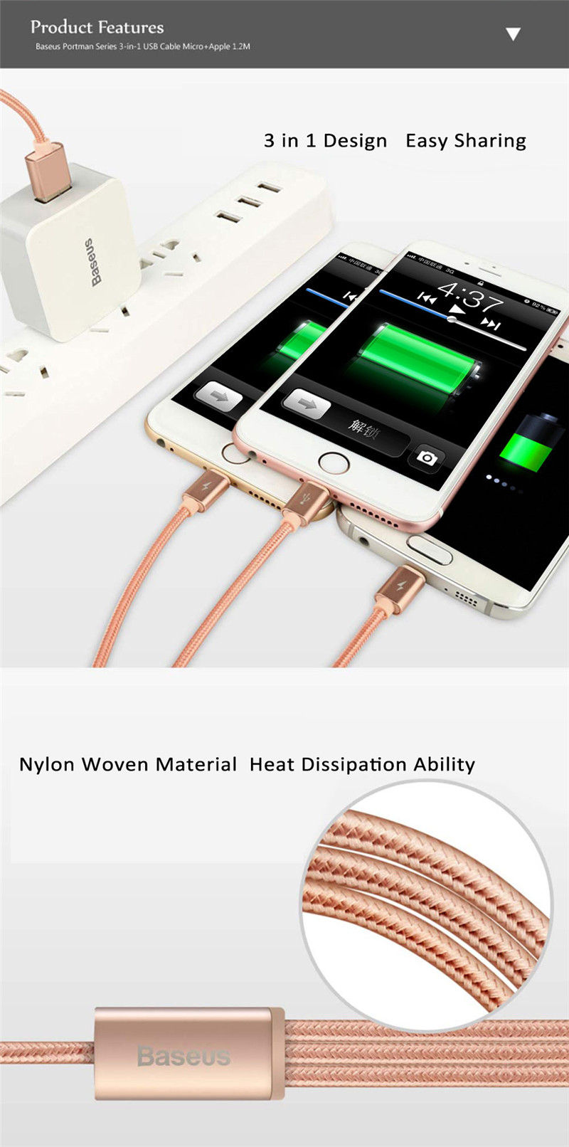 BASEUS 3 in1 Dual 8 Pin Micro USB Charging Sync Data Cable BASEUS 3 in1 Dual 8 Pin Micro USB Charging Sync Data Cable