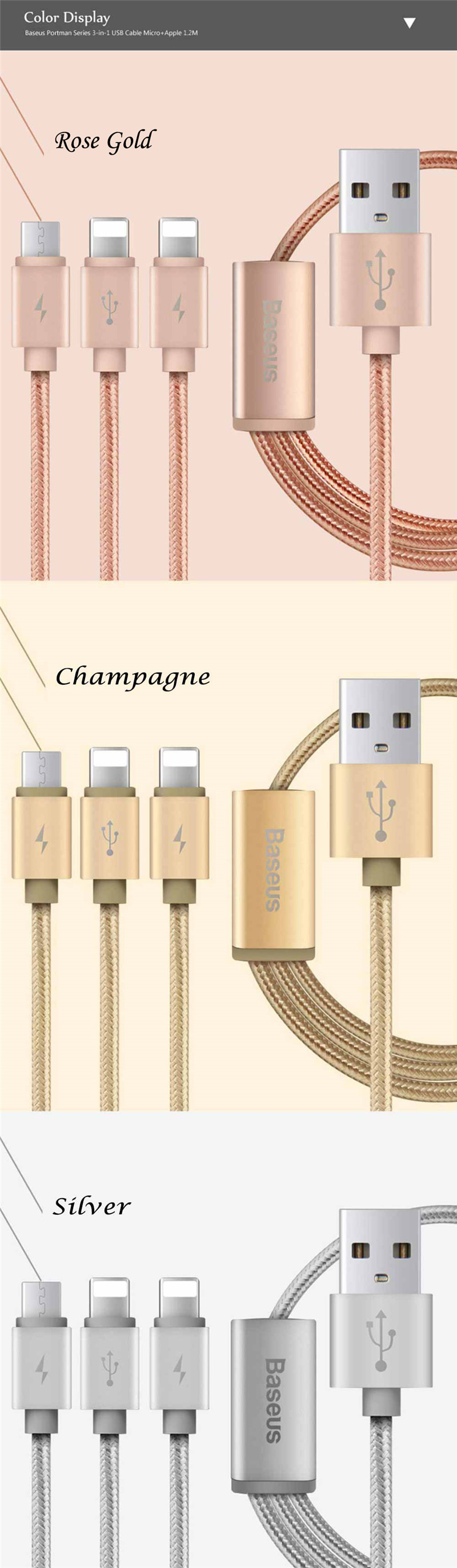 BASEUS 3 in1 Dual 8 Pin Micro USB Charging Sync Data Cable