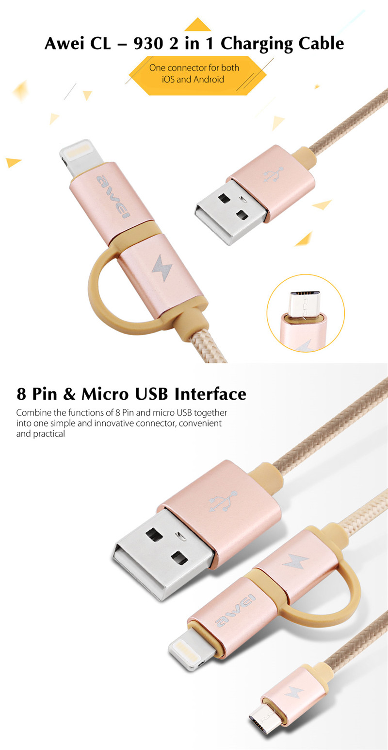Awei 2 in 1 1M 8 Pin Micro USB Interface Sync Charging Data 2.1A Cable Awei 2 in 1 1M 8 Pin Micro USB Interface Sync Charging Data 2.1A Cable