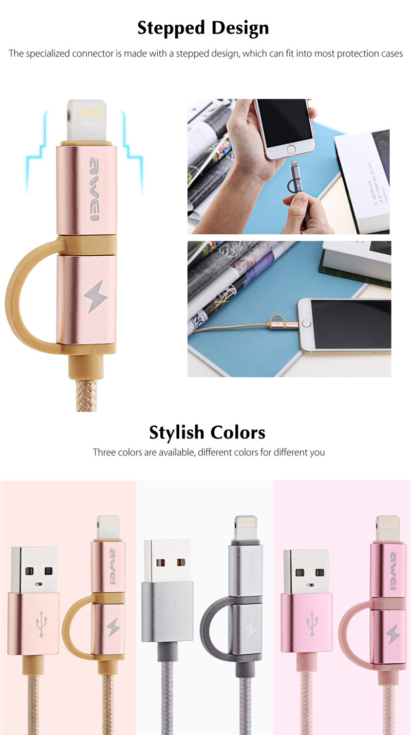 Awei 2 in 1 1M 8 Pin Micro USB Interface Sync Charging Data 2.1A Cable Awei 2 in 1 1M 8 Pin Micro USB Interface Sync Charging Data 2.1A Cable
