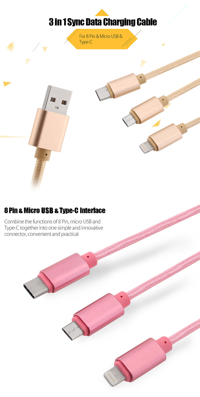 1.2M 3 in 1 8 Pin Micro USB Type-C Port Sync Data Charging Cable
