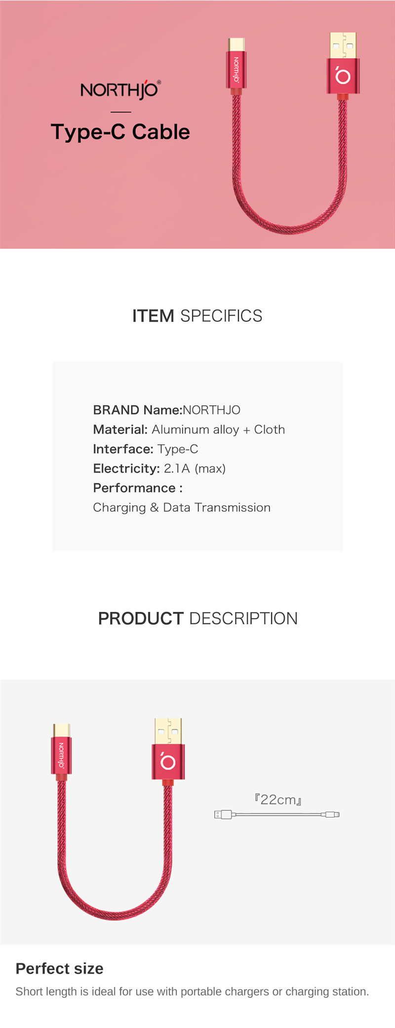 NORTHJO Type-C to USB Charging Data Cable NORTHJO Type-C to USB Charging Data Cable