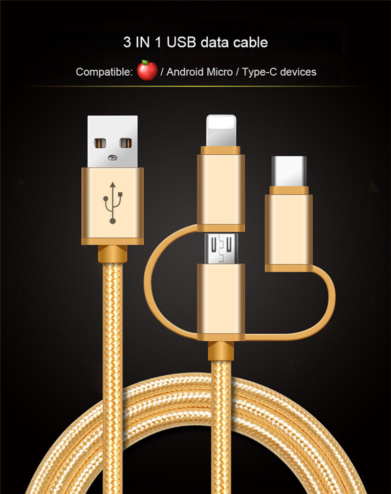 3 in 1 Nylon Braided USB Charger Cable iPhone Android Type C 3 in 1 Nylon Braided USB Charger Cable iPhone Android Type C