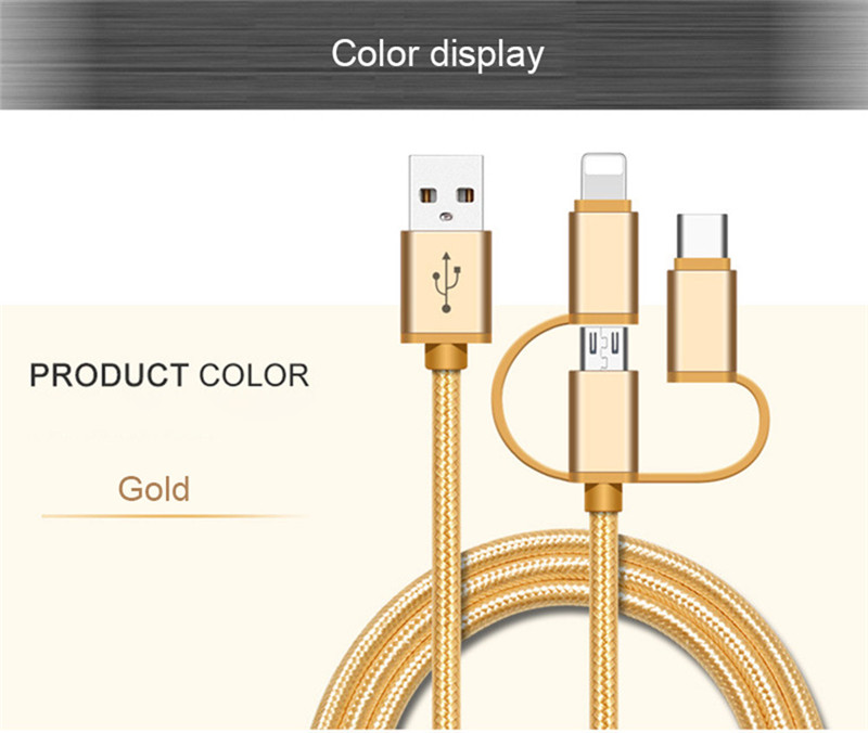 3 in 1 Nylon Braided USB Charger Cable iPhone Android Type C
