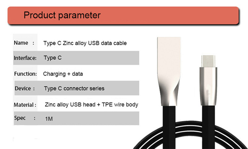 1M Zinc Alloy Flat USB Data Sync Charging Cable Type-C