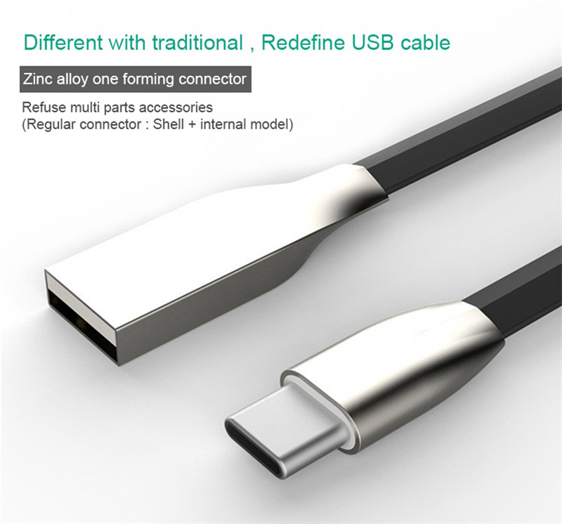 1M Zinc Alloy Flat USB Data Sync Charging Cable Type-C