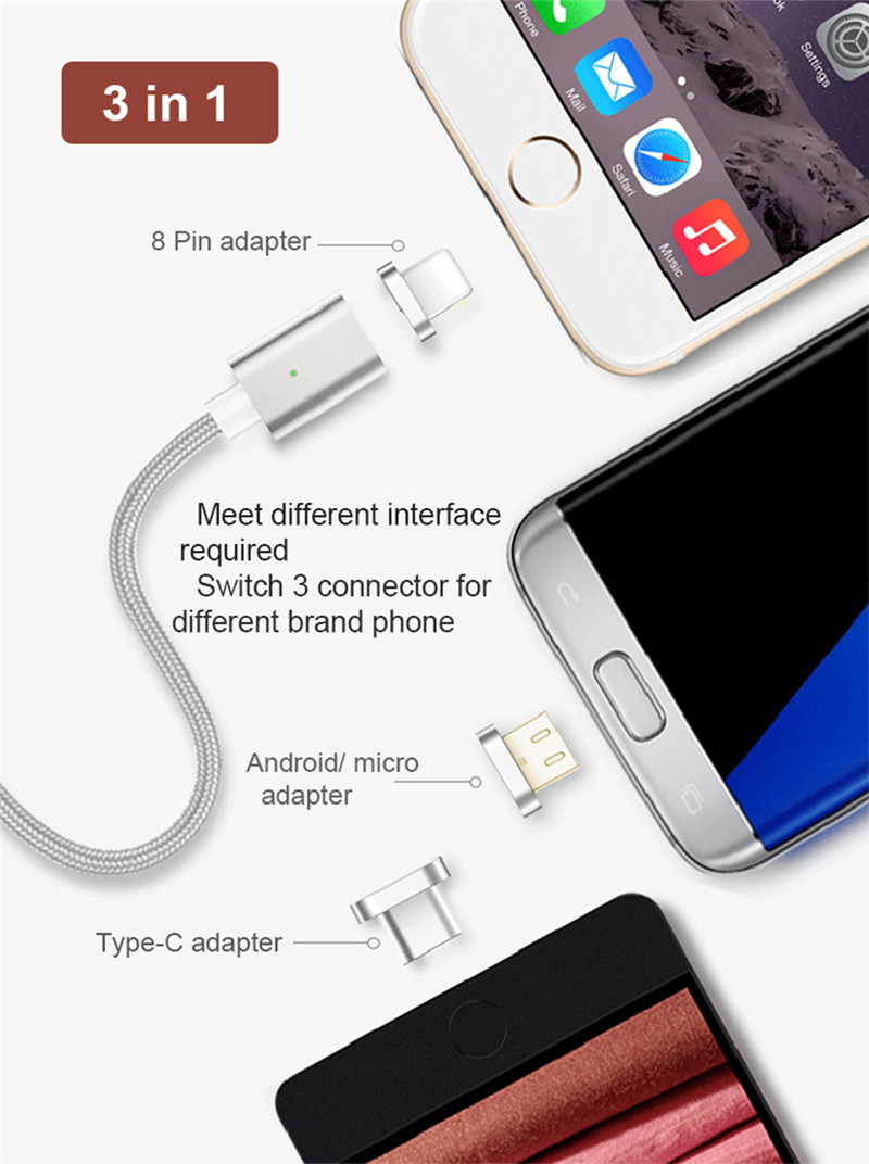 3 in 1 Fast Charging Data Sync Magnetic Micro USB Cable Type-C 8pin