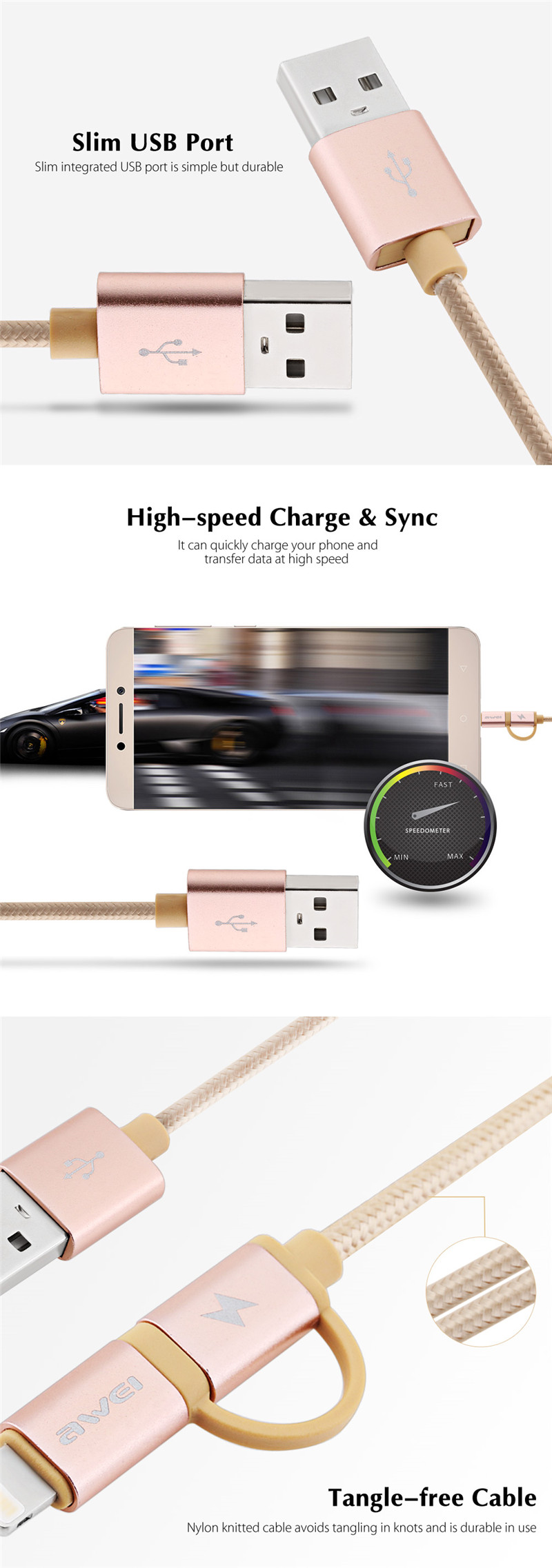 Awei 2 in 1 1M 8 Pin Micro USB Interface Sync Charging Data 2.1A Cable Awei 2 in 1 1M 8 Pin Micro USB Interface Sync Charging Data 2.1A Cable