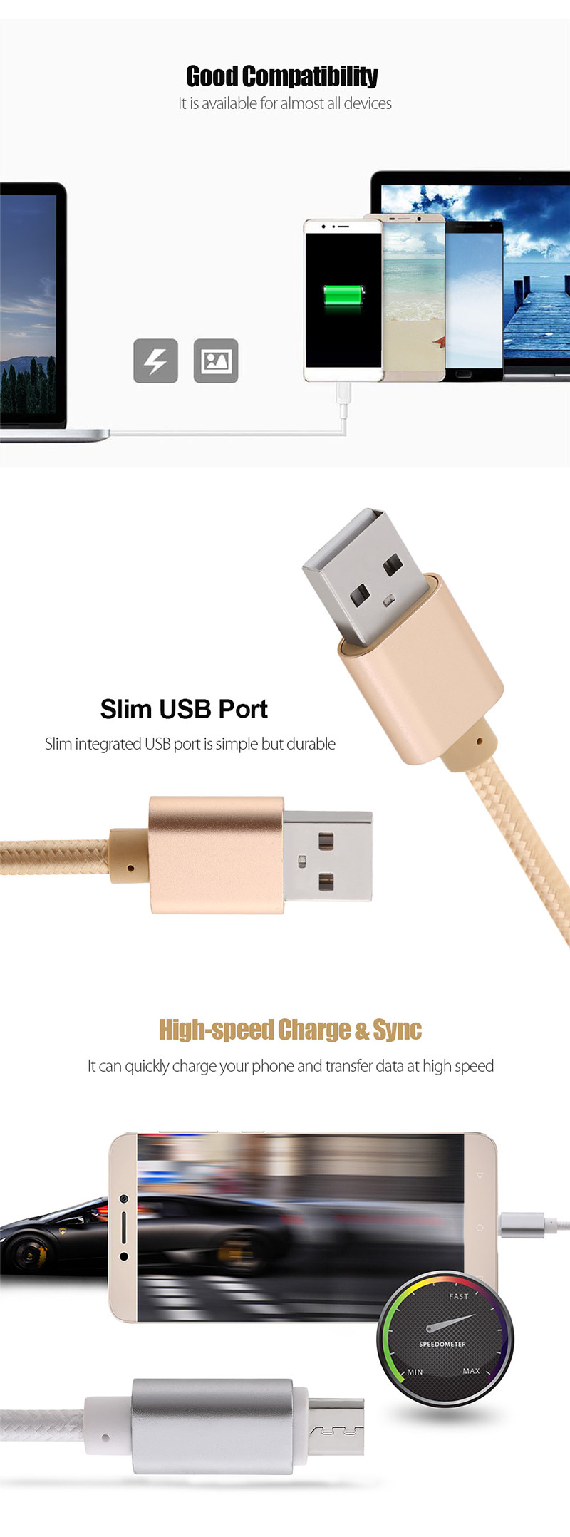 1.2M 3 in 1 8 Pin Micro USB Type-C Port Sync Data Charging Cable