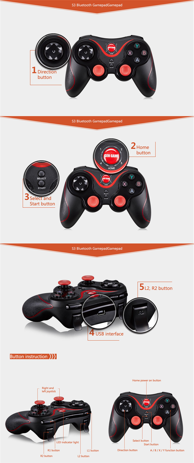 GEN GAME S3 Bluetooth 3.0 Gamepad Gaming Controller PC Android