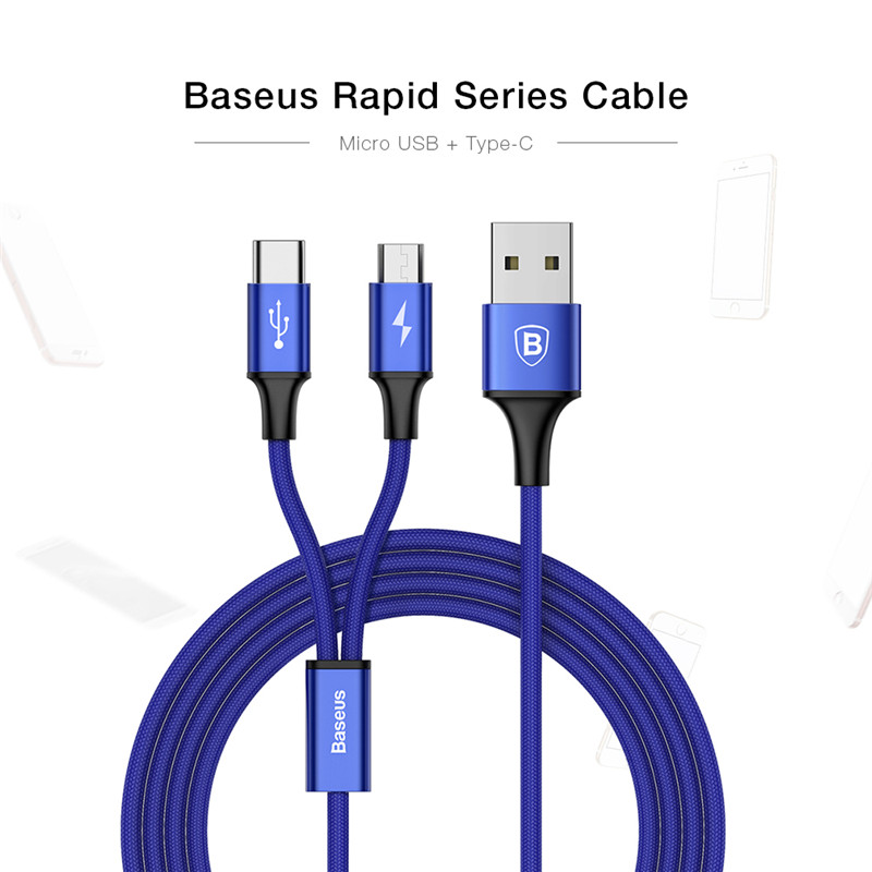 Baseus 2 in 1 Micro USB Type-C Connector 3A Charging Data Transfer Cable 1.2M
