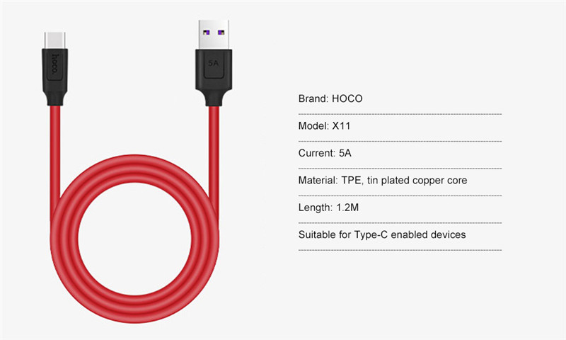 HOCO X11 Type-C Cable 5A Fast Charging Sync Data Transmission Cord 1.2M HOCO X11 Type-C Cable 5A Fast Charging Sync Data Transmission Cord 1.2M