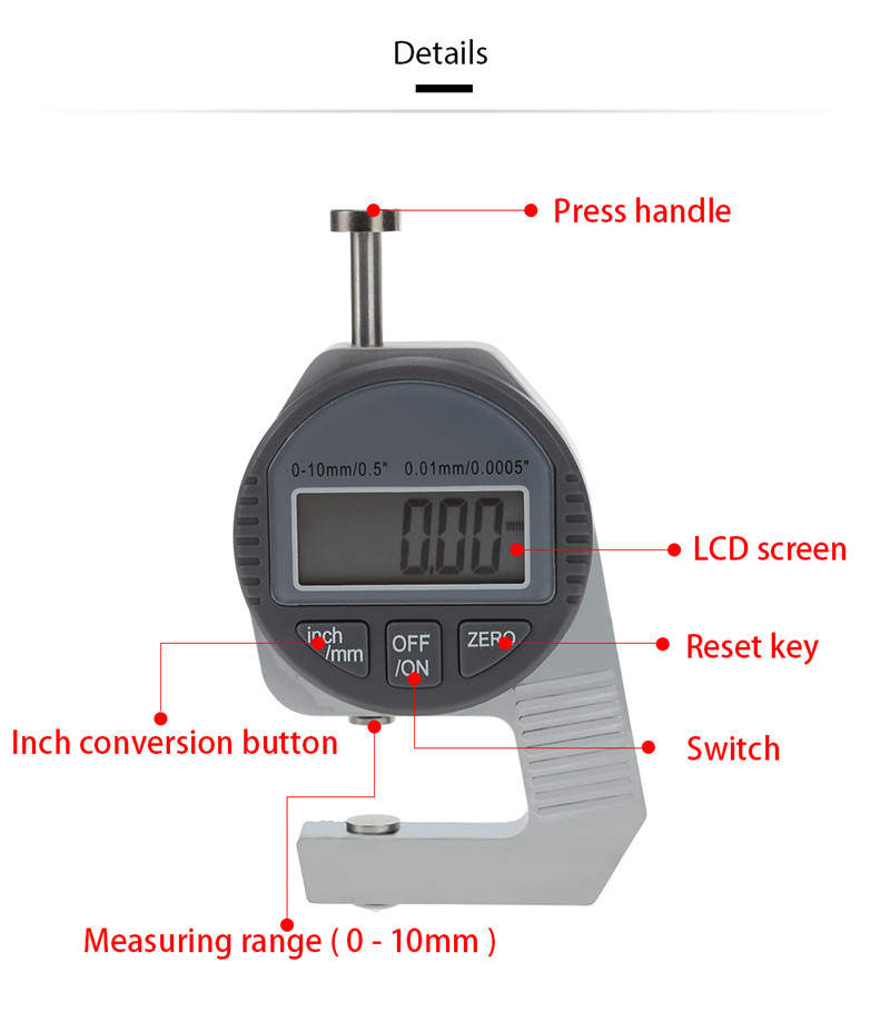 0 - 10 mm Press Type Digital Thickness Gauge
