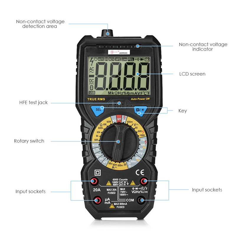 BSIDE ADM08D True RMS Multimeter Numerical Display Digital VOM Multitester