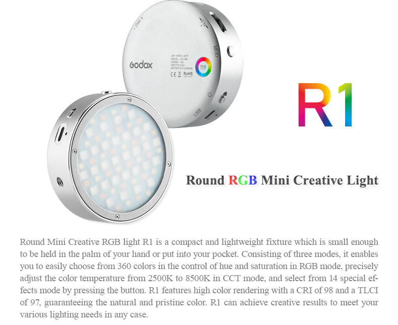 Godox R1 round RGB mini creative LED on-camera video light