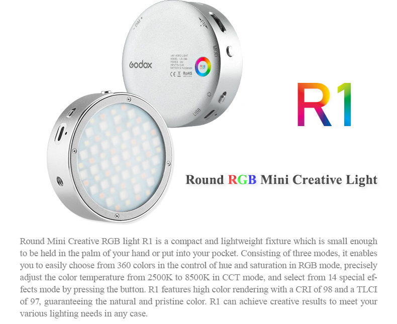 Godox R1 round RGB mini creative LED on-camera video light Godox R1 round RGB mini creative LED on-camera video light