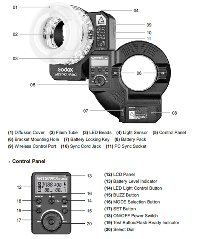 ​Godox witstro AR400 400W 2 in 1 ring flash speedlite LED video light