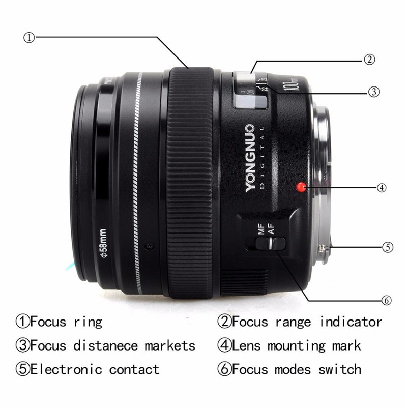 YongNuo 100mm F2 AF/MF Medium Telephoto Fixed Focal Lens for Canon