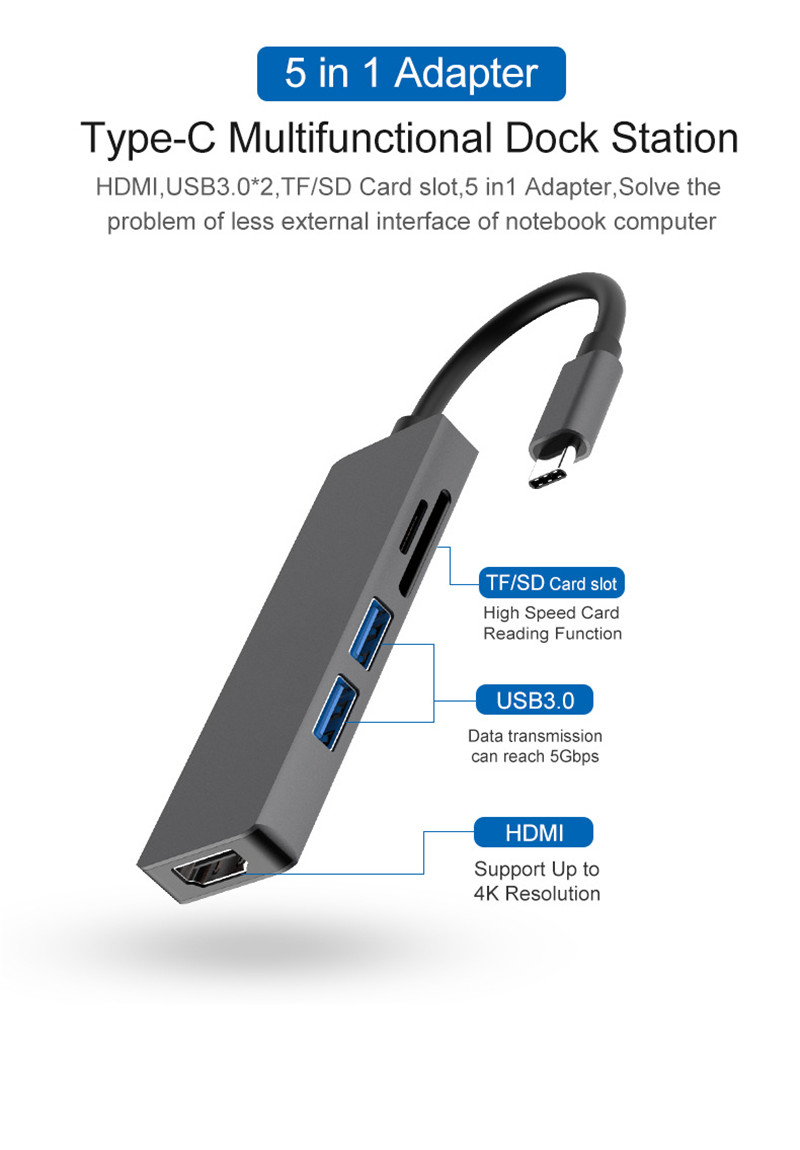 Type-C to USB 3.0 HDMI Adapter 4K Hub TF SD reader dock station