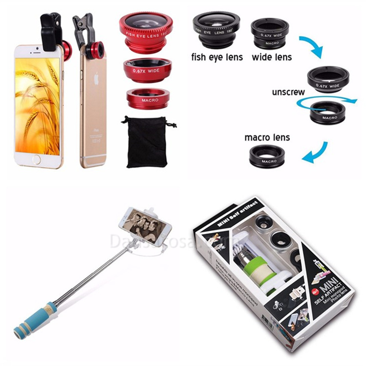 4in1 Phone Camera Lens Kit Fish Eye Wide Angle Macro Lens Selfie Stick For Iphone Android Cellphone lens + selfie stick