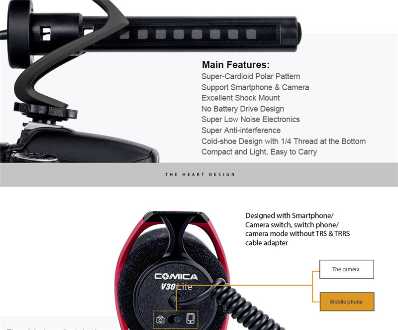 Comica CVM-V30 LITE microphone super-cardioid condenser on-camera shotgun mic Comica CVM-V30 LITE microphone super-cardioid condenser on-camera shotgun mic