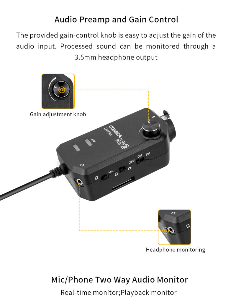 CoMica LinkFlex AD2 XLR /6.35mm-3.5mm microphone preamp amplifier audio