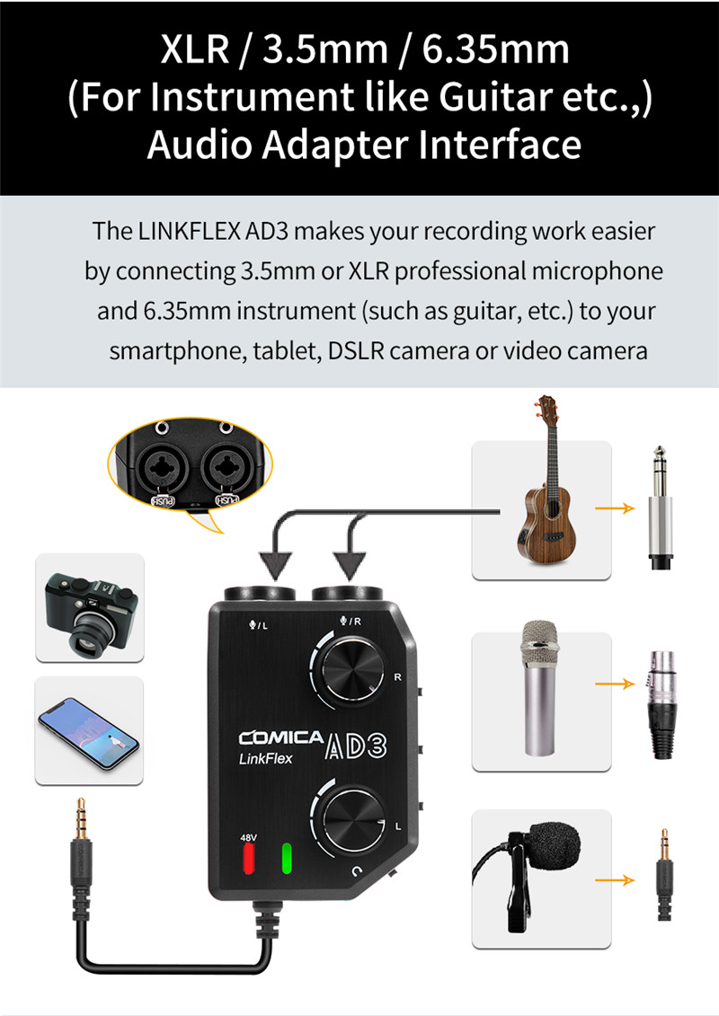 Comica LINKFLEX.AD3 microphone audio preamp/mixer 2-channels XLR real time monitor