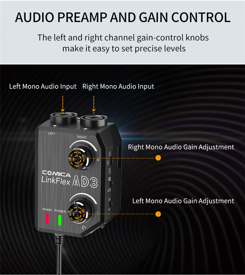 Comica LINKFLEX.AD3 microphone audio preamp/mixer 2-channels XLR real time monitor