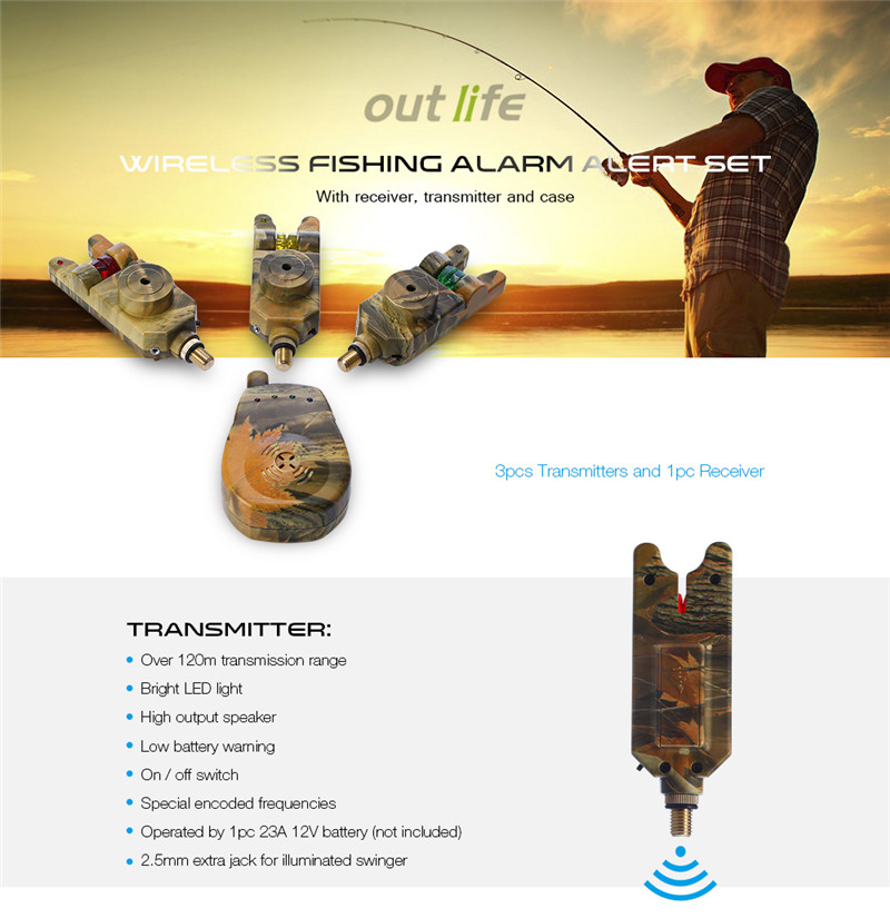 Outlife JY - 35 - 3 wireless camouflage fishing bite alarm set with carry case Outlife JY - 35 - 3 wireless camouflage fishing bite alarm set with carry case