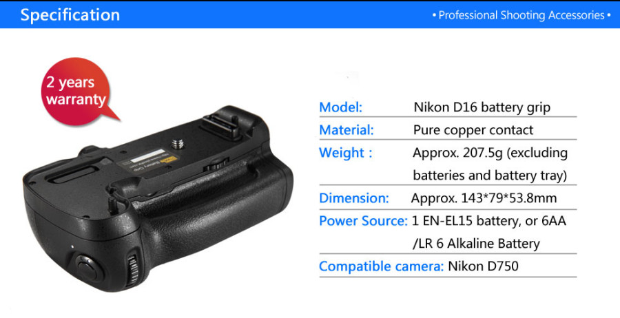 Pixel Vertax D16 Battery Grip Holder for Nikon D750