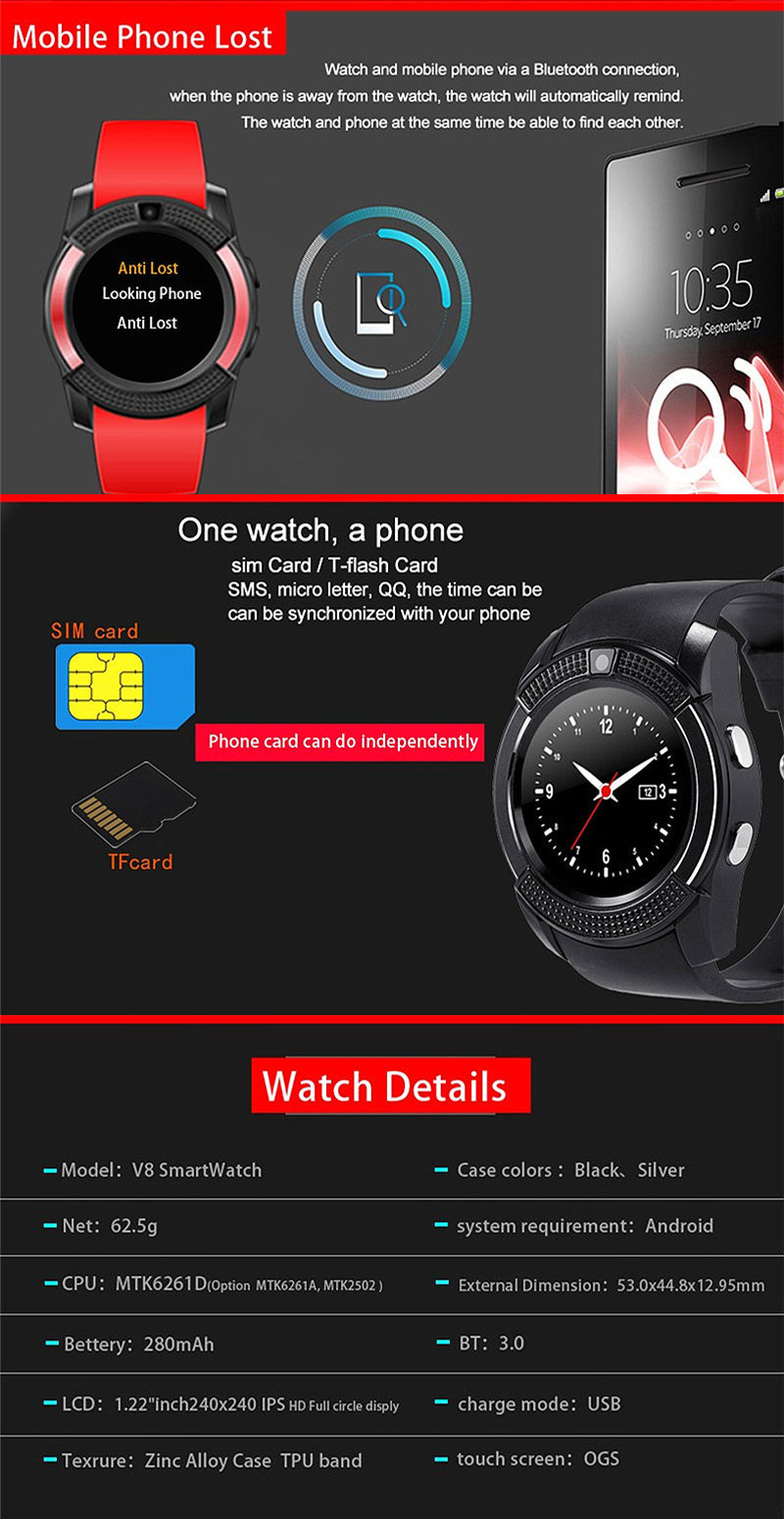 V8 smart watch bluetooth wristwatch SIM call for android iPhone