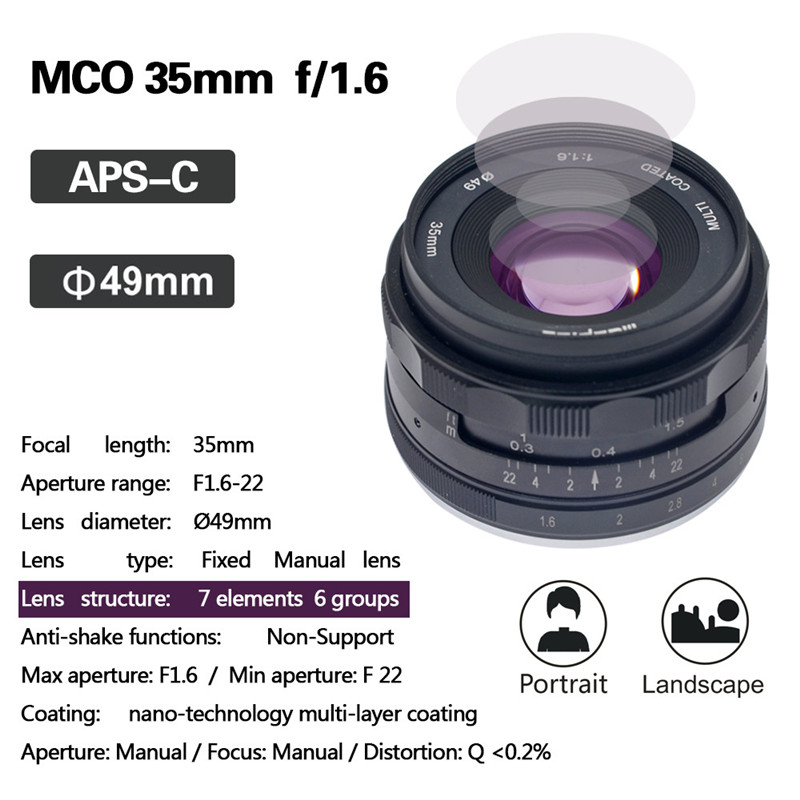 Mcoplus 35mm f1.6 Prime Fixed Manual Focus Lens