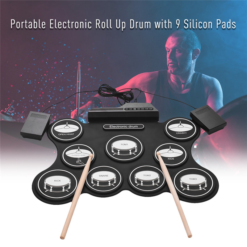 Portable Roll Up Electronic Drum Set Kit Pad with Pedal Drum Sticks