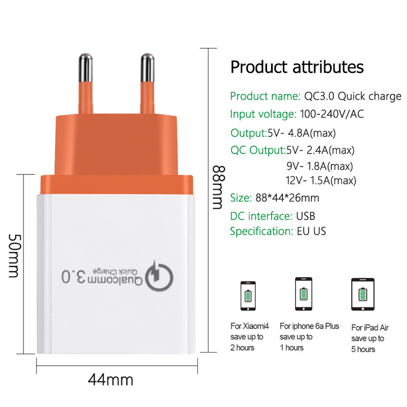 18W Triple Slot USB Quick charge 3.0 5V 3A EU US Plug Mobile Phone Fast charger