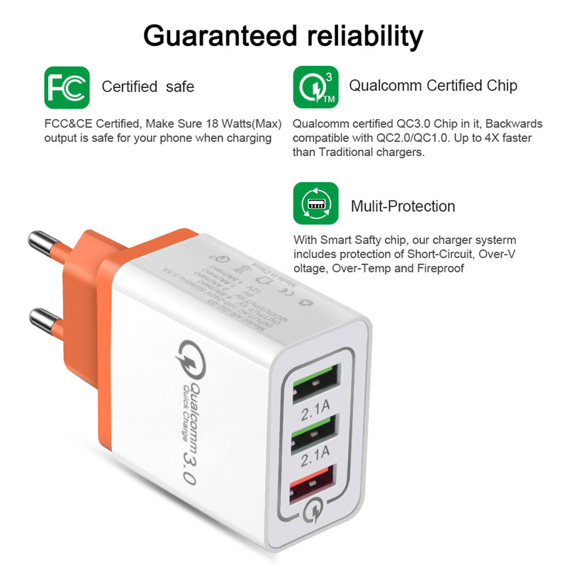 18W Triple Slot USB Quick charge 3.0 5V 3A EU US Plug Mobile Phone Fast charger 18W Triple Slot USB Quick charge 3.0 5V 3A EU US Plug Mobile Phone Fast charger