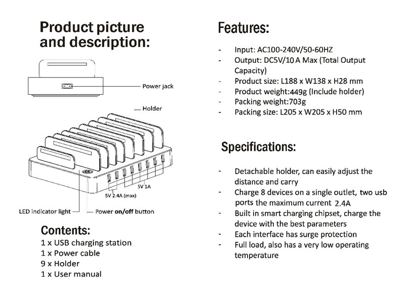 50W 8 Ports Desktop USB Multi-Function Charging Station Dock