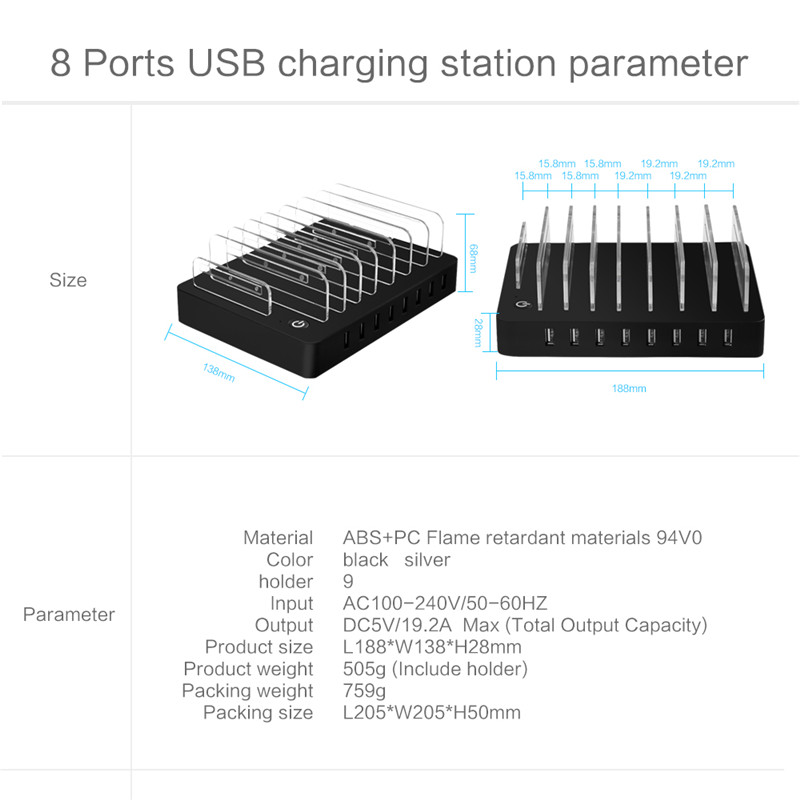 96W 8 Ports Desktop USB Multi-Function Charging Station Dock