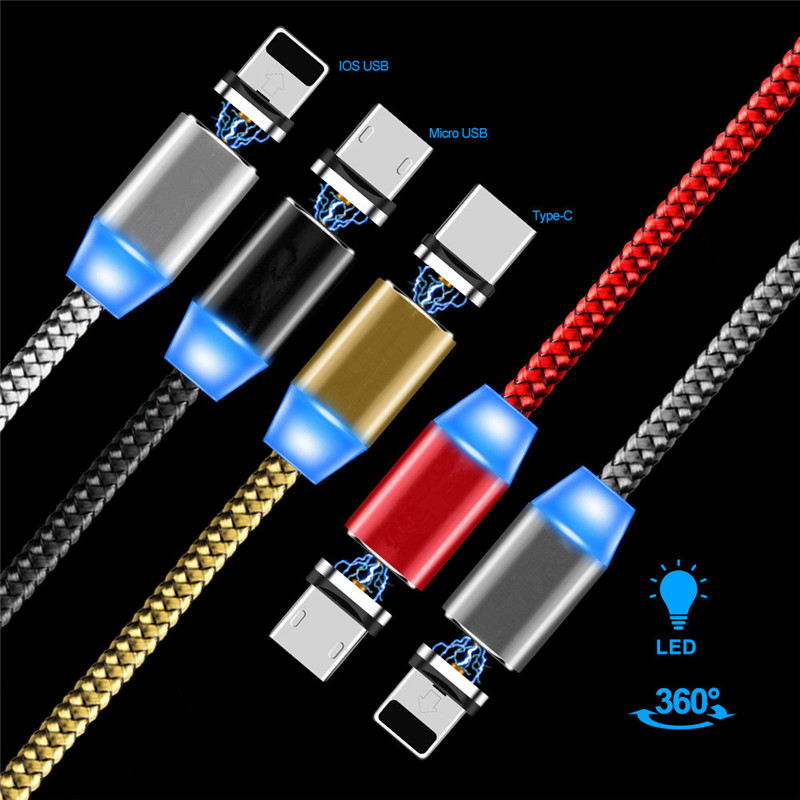 Type C Micro USB ios Magnetic Braided LED charging cable