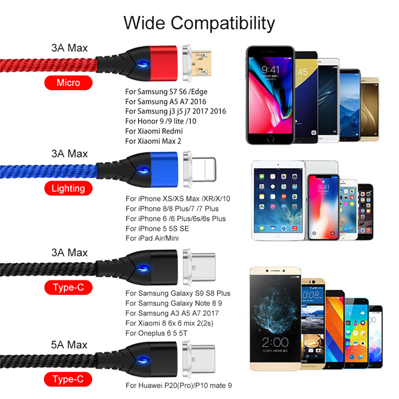 Micro USB Type C IOS LED Lightning Magnetic 5A Fast Charging Cable