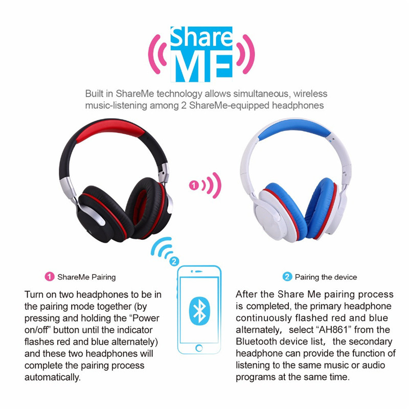 AH861 Over Ear Wireless Headphones Bluetooth Headset ShareMe Handsfree 
