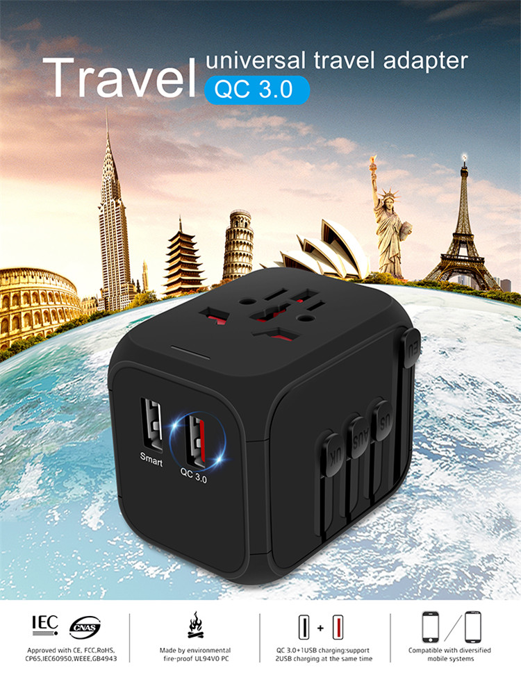 Travel Charger Adapter US UK EU AU Plug Socket QC3.0