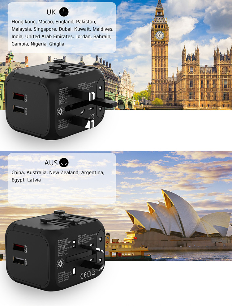 Travel Charger Adapter US UK EU AU Plug Socket QC3.0