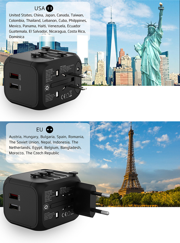 Travel Charger Adapter US UK EU AU Plug Socket QC3.0 Travel Charger Adapter US UK EU AU Plug Socket QC3.0