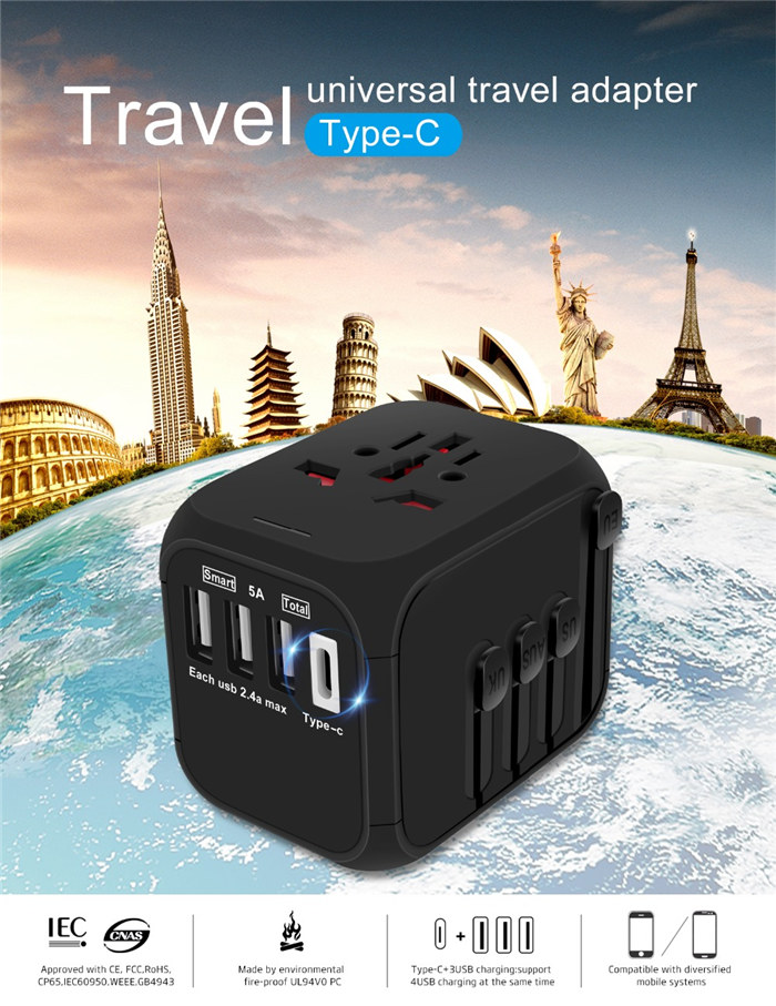 Type-C Travel Charger Adapter 4 Ports US UK EU AU Plug Socket