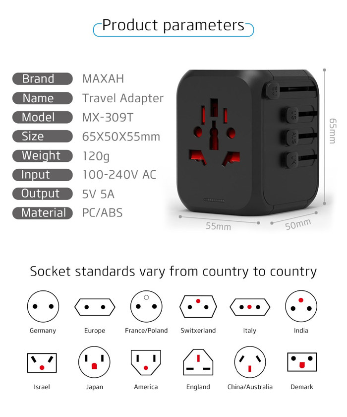 Type-C Travel Charger Adapter 4 Ports US UK EU AU Plug Socket