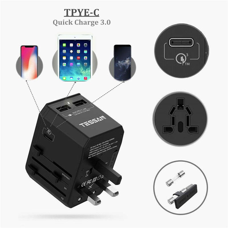 Travel Plug Adapter 2 Tpye-C & QC 3.0 US/EU/AU/UK AC Outlet