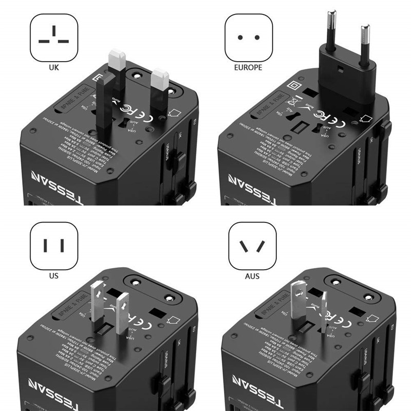 Travel Plug Adapter 2 Tpye-C & QC 3.0 US/EU/AU/UK AC Outlet