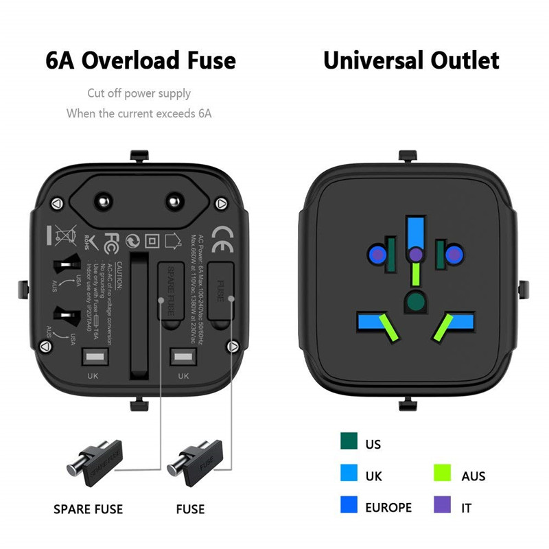 Travel Plug Adapter 2 Tpye-C & QC 3.0 US/EU/AU/UK AC Outlet