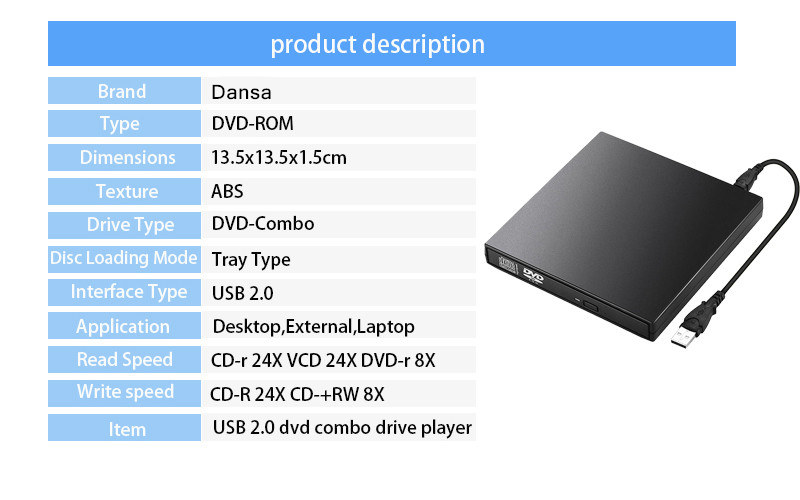 External DVD Drive USB 2.0 CD ROM Player CD-RW Burner